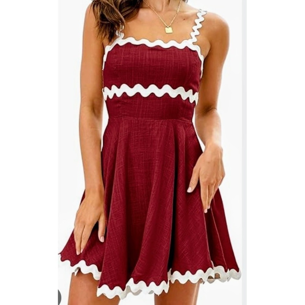 Shy Velvet Red White Scallop Trim Back Zip Flirty Short Linen Blend Dress Size M